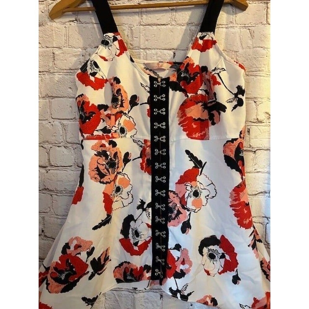 Laurie Felt Poppy Printed Scoop Neck Tank Top Hook Eye Closure Detail Size 4